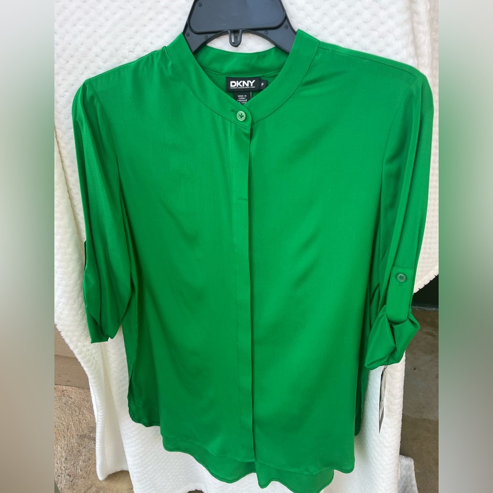 NET DKNY Bright Green Silk Overblouse 3/4 sleeve size P